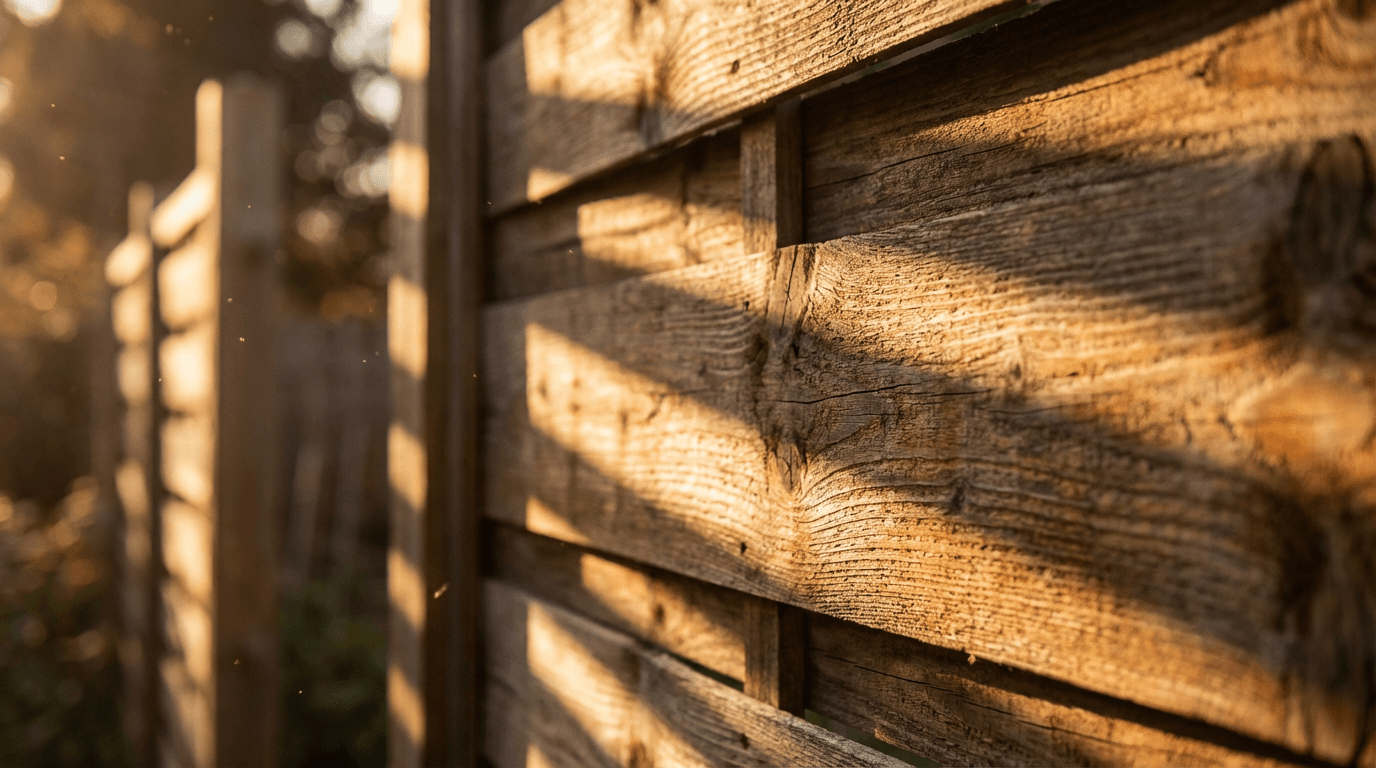 Macro close-up of wooden fence with golden sunlight creating sharp shadows across grain texture and dust particles in air.