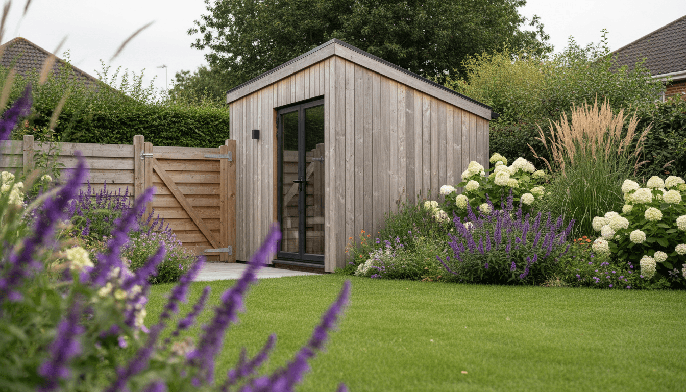 Modern wooden shed in residential backyard garden with flowering plants and manicured lawn under natural daylight