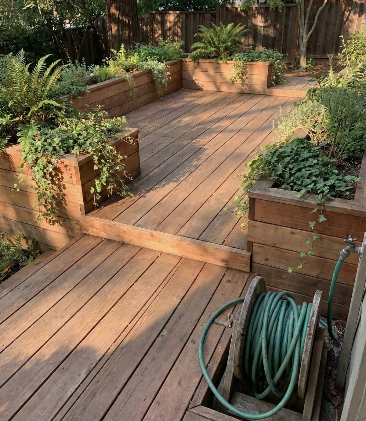 Tiered wooden deck with built-in planters, lush greenery, and a garden hose reel.