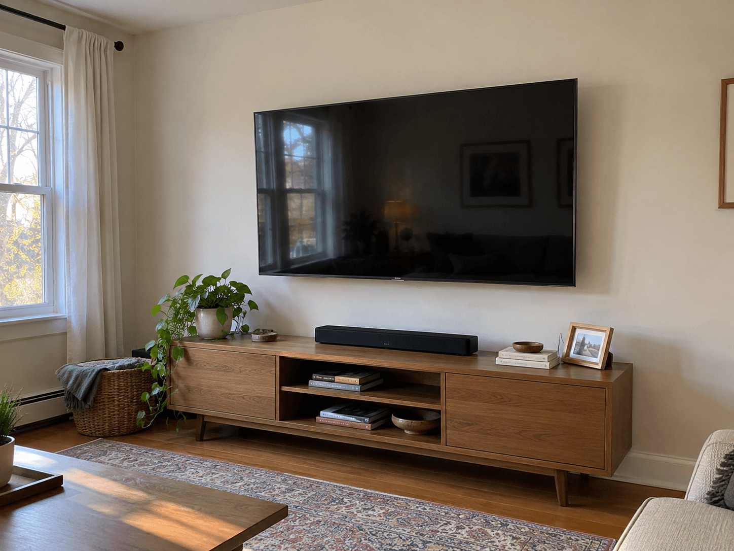 Large TV mounted above a wooden console with plants and books in a bright room.
