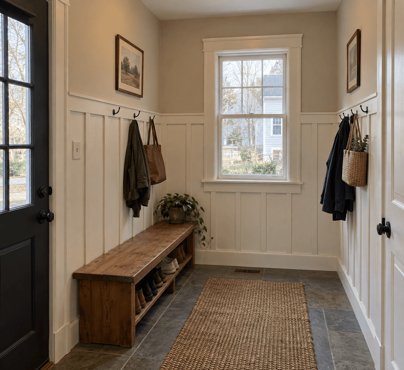 Bright mudroom featuring a wooden bench, white wainscoting, hanging coats, and a woven rug.