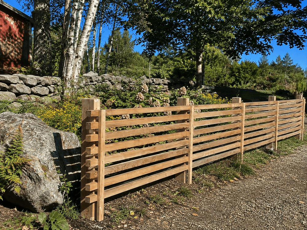 Horizontal wooden slat fence along a gravel path with birch trees and stone wall.